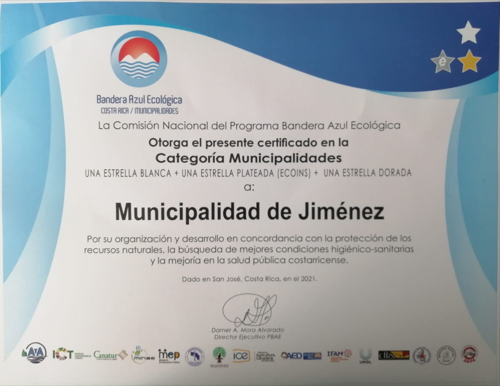Certificado de Obtención de la Bandera Azul Ecológica para la Municipalidad de Jiménez